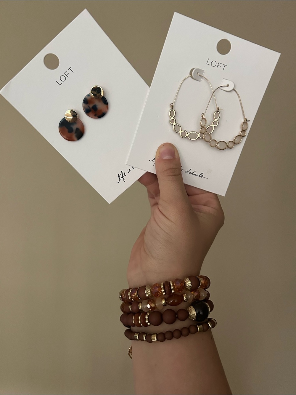 LOFT Brown Tortoiseshell Studs & Gold Link Hoop Earring Set - Brown & Gold